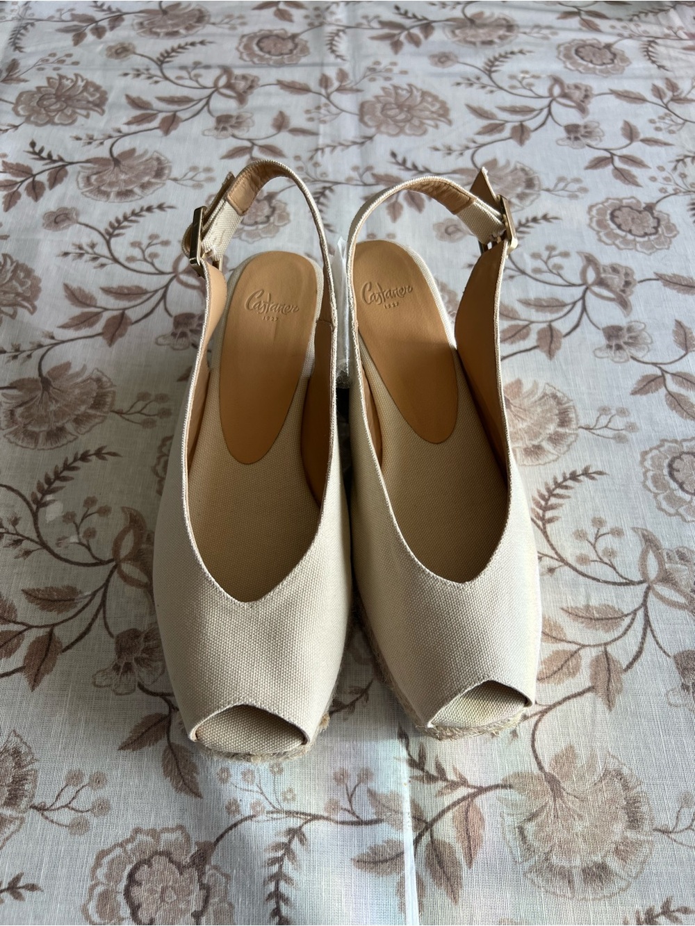 Castaner Beige Canvas Peep-Toe Slingback Wedges